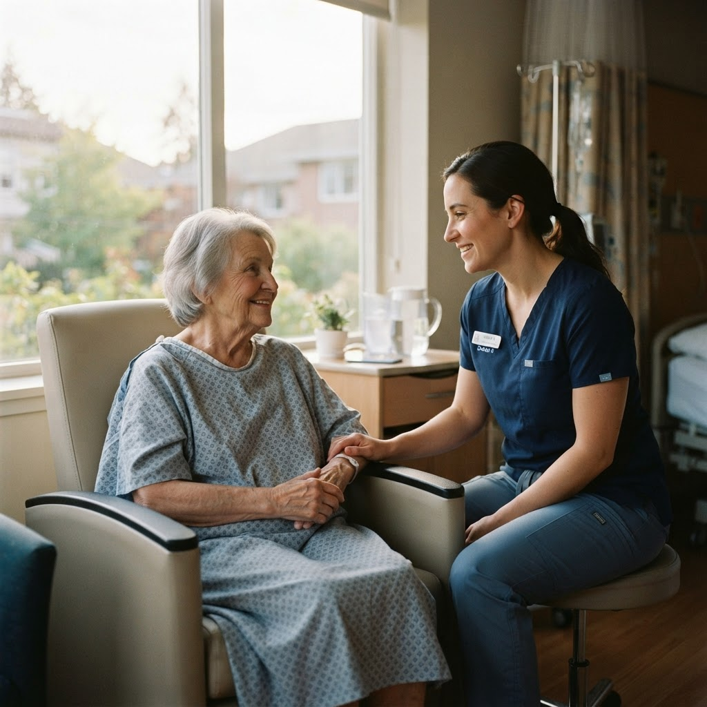 A nurse in conversation with an older patient near a sunlit window