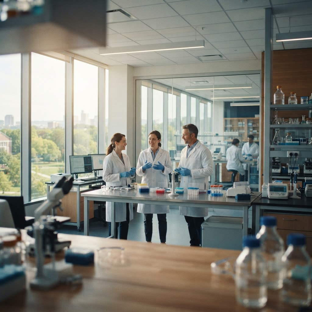 Researchers collaborating in a modern medical laboratory